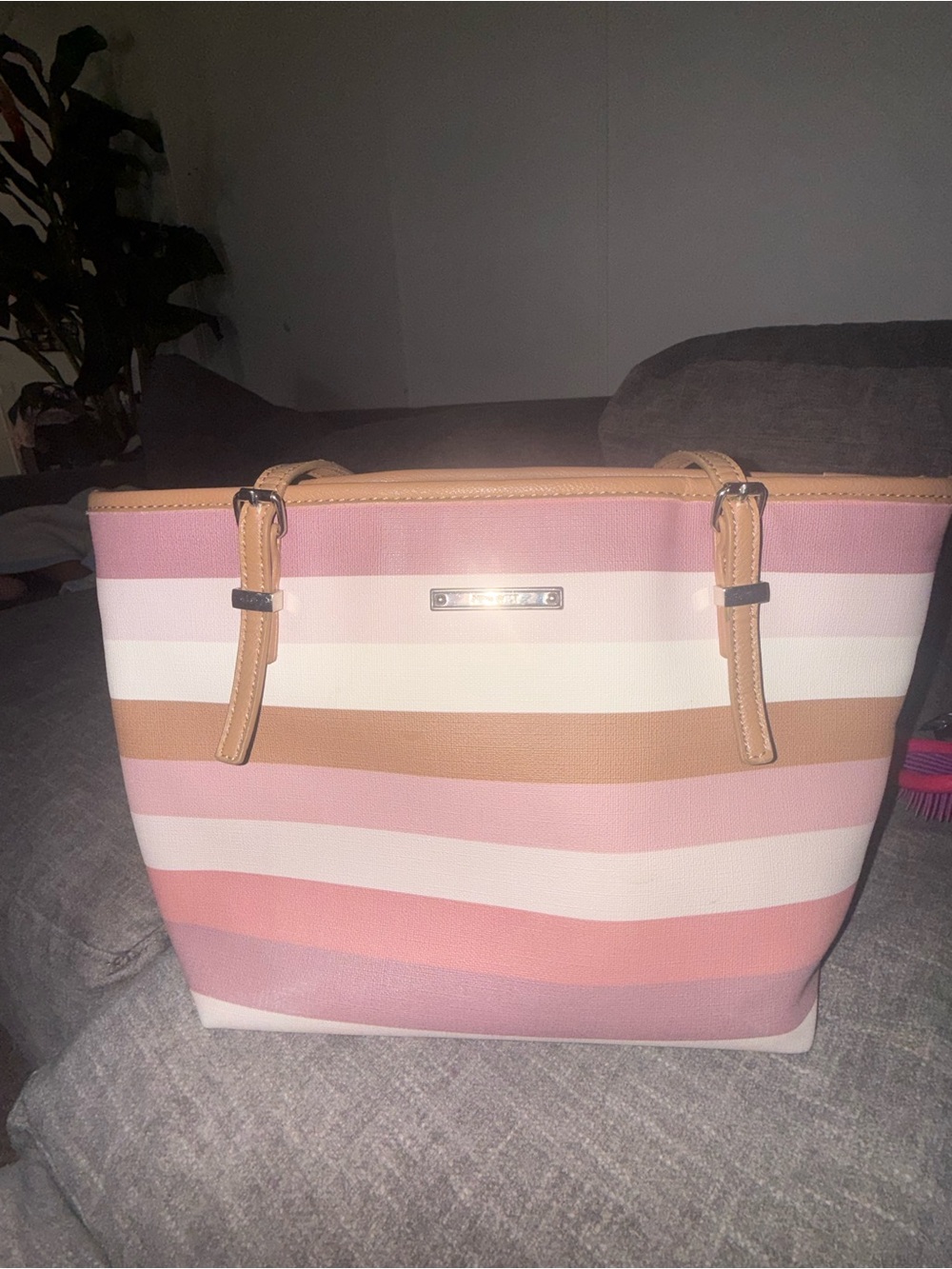 Nine West Pink Striped Tote Shoulder Bag Large Purse